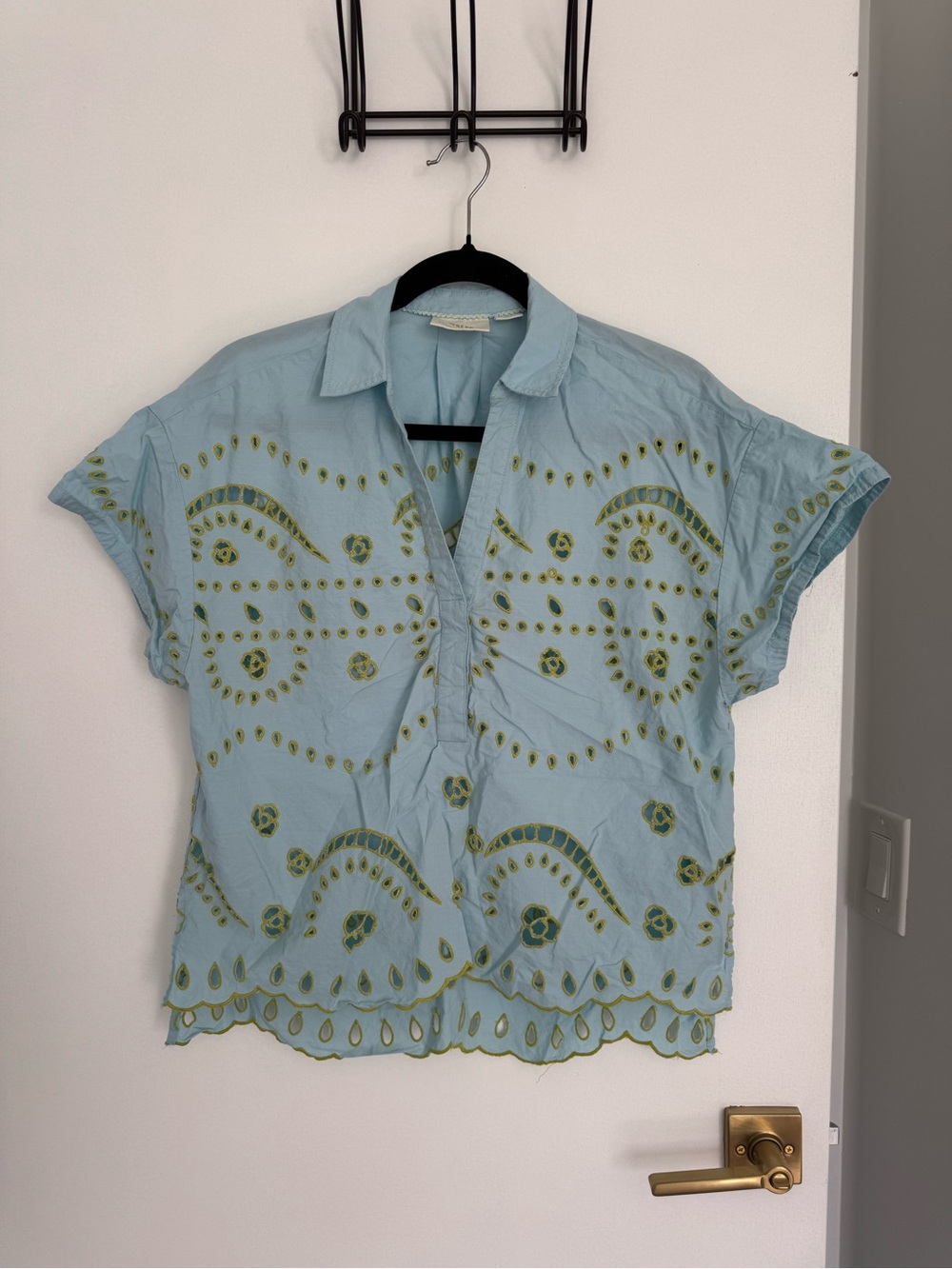 Maeve by Anthropologie Light Blue Embroidered Short Sleeve Blouse